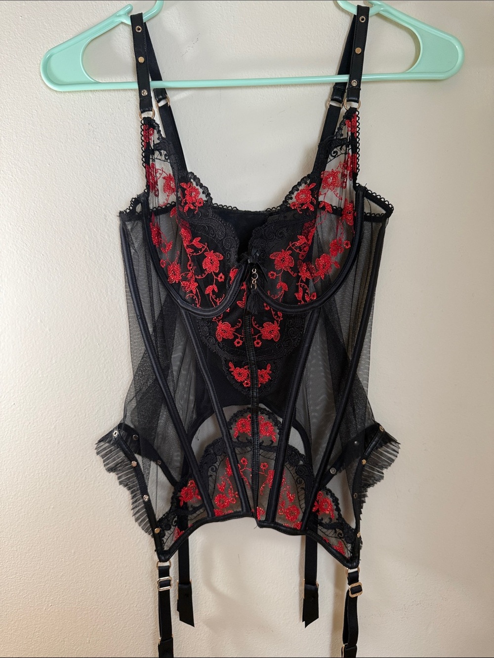 Honey Birdette Frida Black Bustier with Red Floral Embroidery sz. 34DD